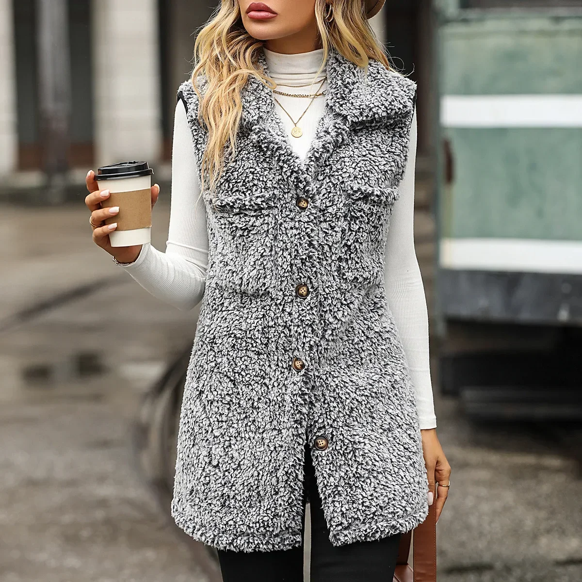 Autumn and Winter 2024 Women's New Polo Collar Sleeveless Long Loose Relaxed Faded Bubble Plush Casual Cardigan Vest