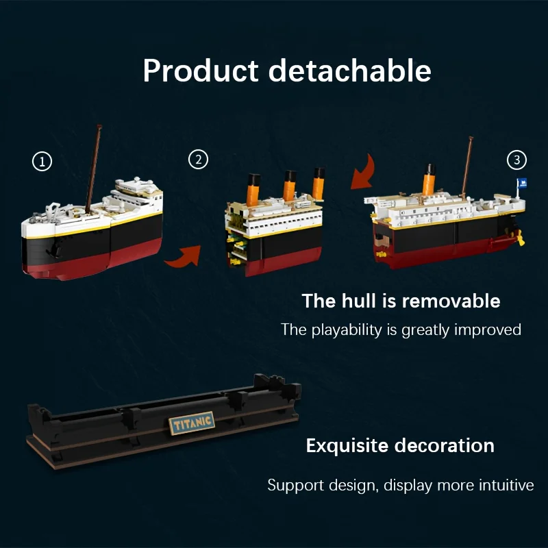 Model statku wycieczkowego Titanic, dwa modele do dowolnego montażu, duże klocki konstrukcyjne, ręcznie robiona dekoracja nawigacyjna.