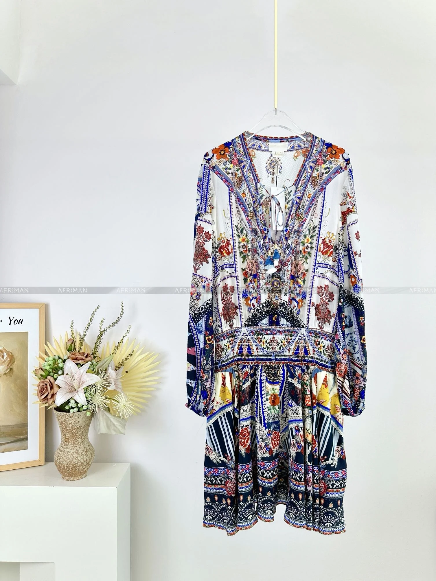 Women Bohemian Style V Neck Heavy Beaded Long Sleeve Flower Print Elastic Waist Mini Silk Dress