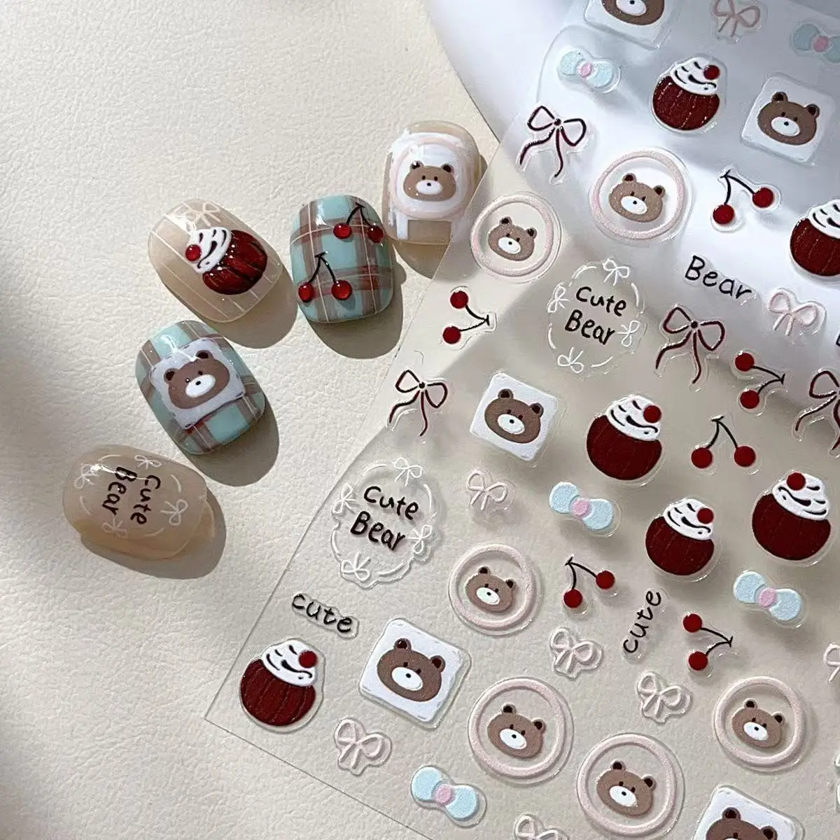 Pegatinas de Uñas con Diseño de Osito y Cupcake de Cereza, Adhesivos Decorativos con Dibujos Animados, Accesorios para Manicura Kawaii
