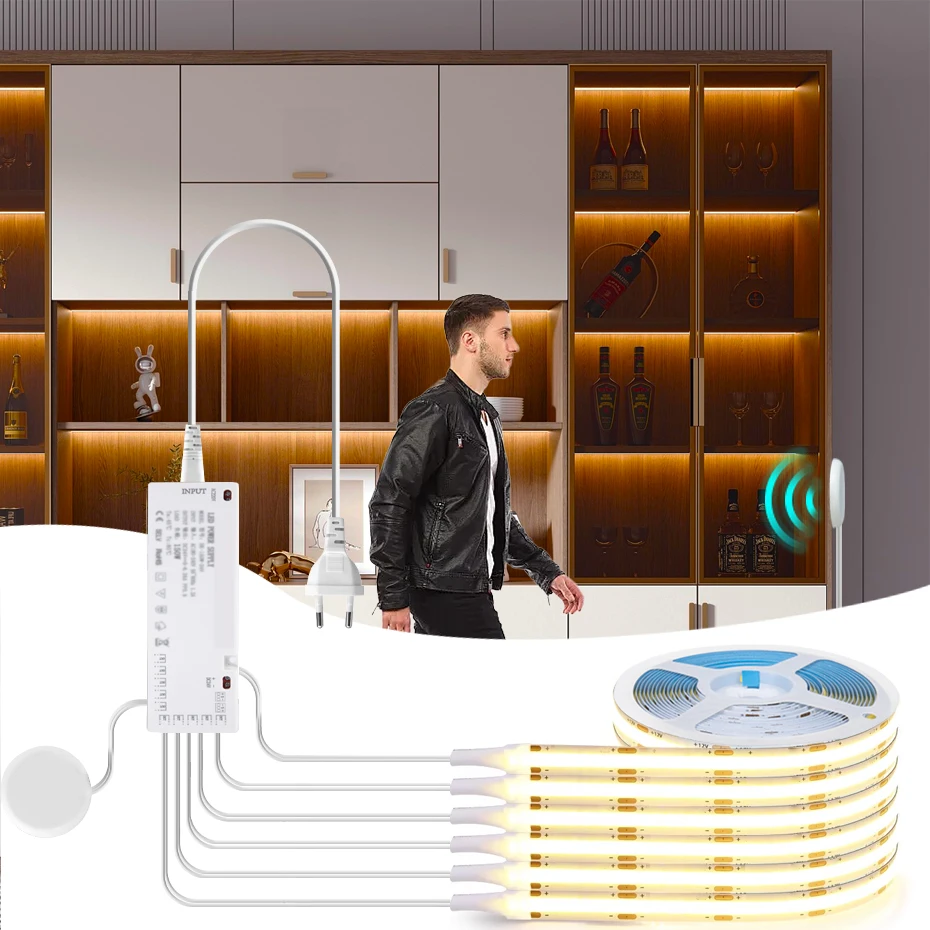 

DC 24V AU US UK EU Plug Under Cabinet COB LED Strip Light Penetrable PIR Motion Sensor Led Closet Lamp Tape Wardrobe Lighting