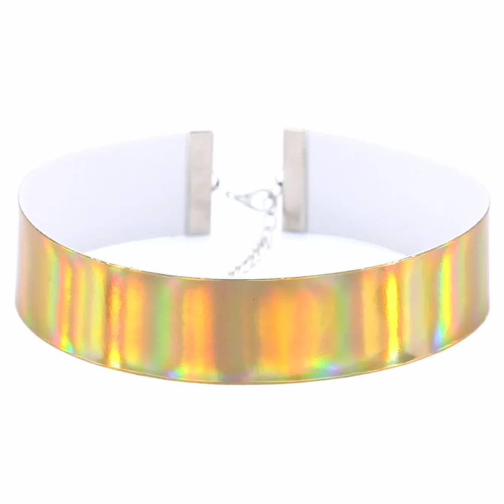 Trendy Holographic Choker Necklace Women 2020 New PU Leather Chocker Handmade Laser Chocker Rainbow Punk Gothic Necklace