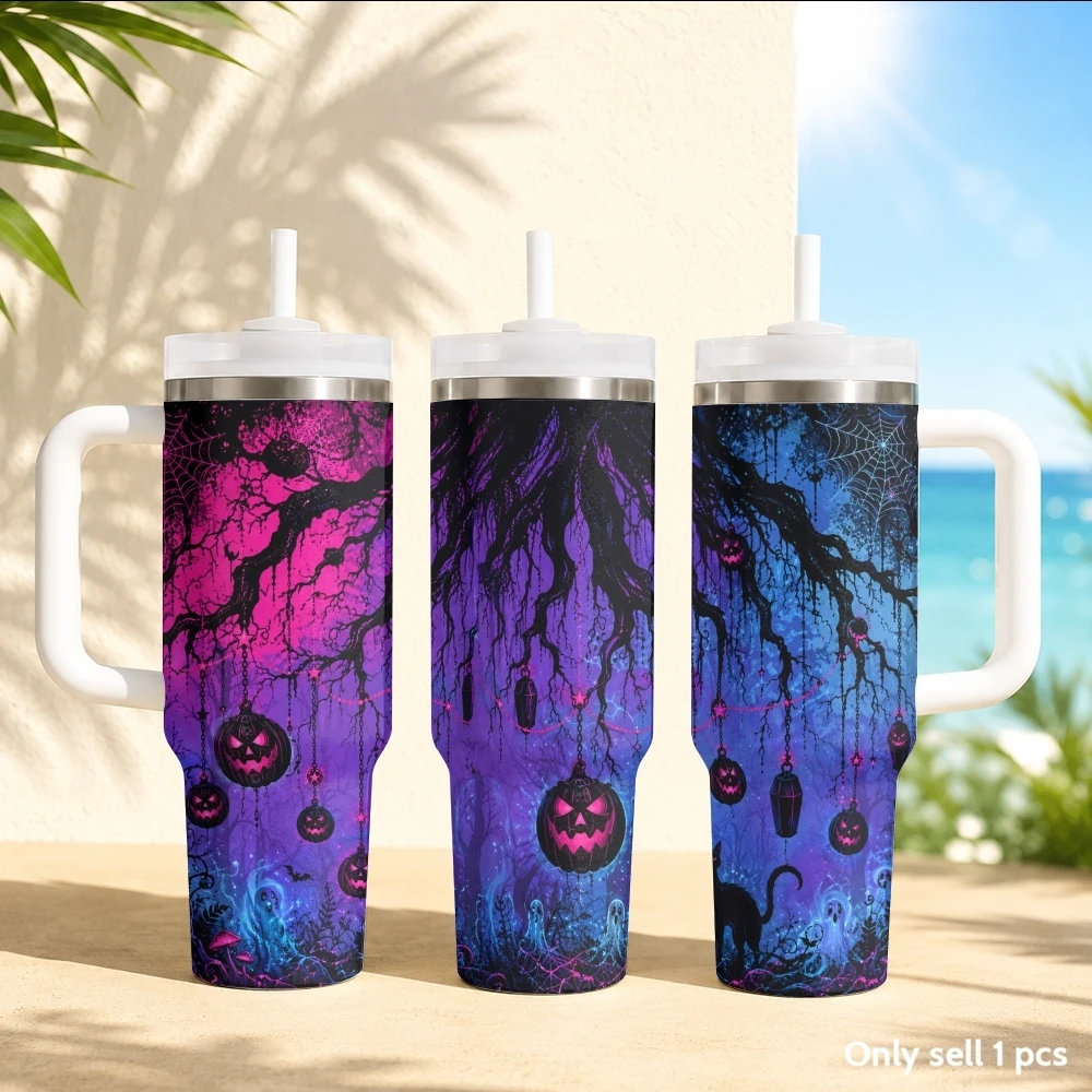 Halloween Ghost Cemetery Vacuum Flasks 40oz Stainless Steel Insulated Tumbler with Handle & Straw Leakproof Travel Mug