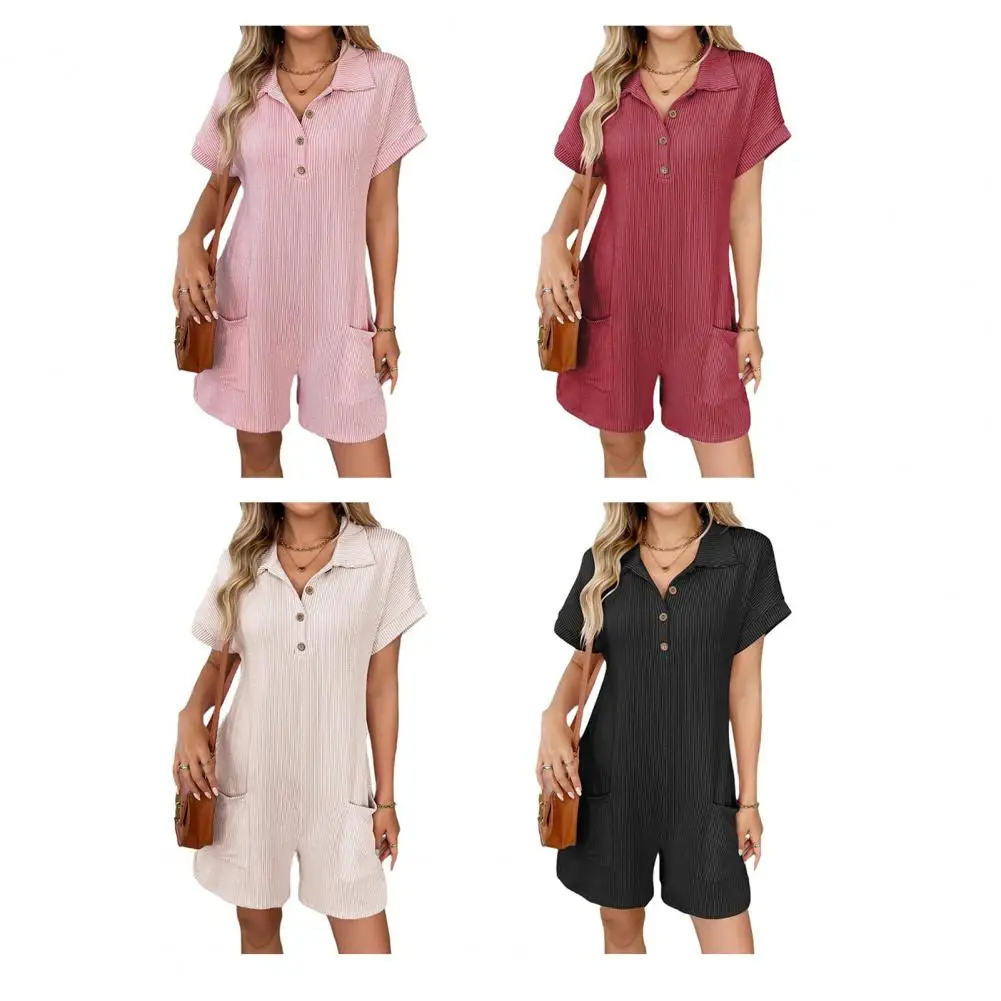 

Women's Jumpsuit Summer Fashion Women's Casual Short Sleeved Solid Color Button Up Shirt Loose Jumpsuit With Pockets Outfits