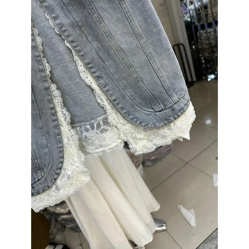 Women's Waistcoat Vest Spring New Letters Diamond Embroidery Round Neck Sleeveless Lace Patchwork Denim Coat Vest for Women