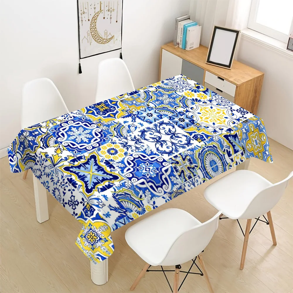 Portuguese Tile Tablecloth, Blue Yellow Azulejo Mosaic Print, Washable Table Cover, Mediterranean Dining Room Home Decor