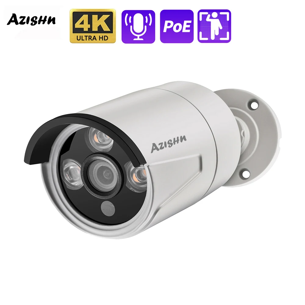 

AZISHN H.265+ 4K 8MP Audio POE IP Camera 3840*2160 Metal Outdoor Motion Detect 3IR Array LEDS CCTV Security for POE NVR System