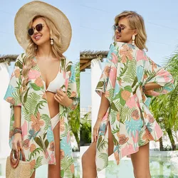 Women's Tops Loose Floral Print Chiffon Coverups Beach Swim Bikini Kimono Cardigan Puff Sleeve Cover Ups Blouse for Swimwear