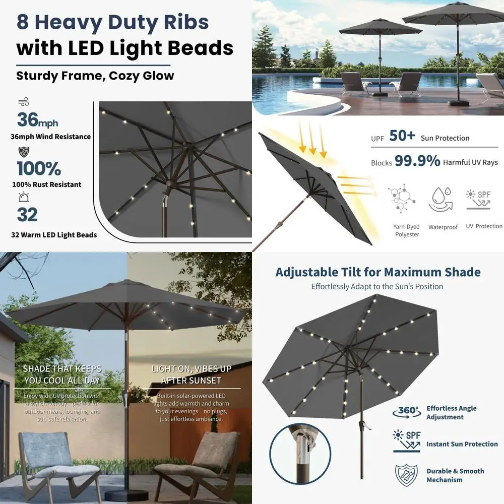 

Gray 9FT Patio Umbrella with 32 LED Lights, Tilt & Crank, UV-Protected for Outdoor Use