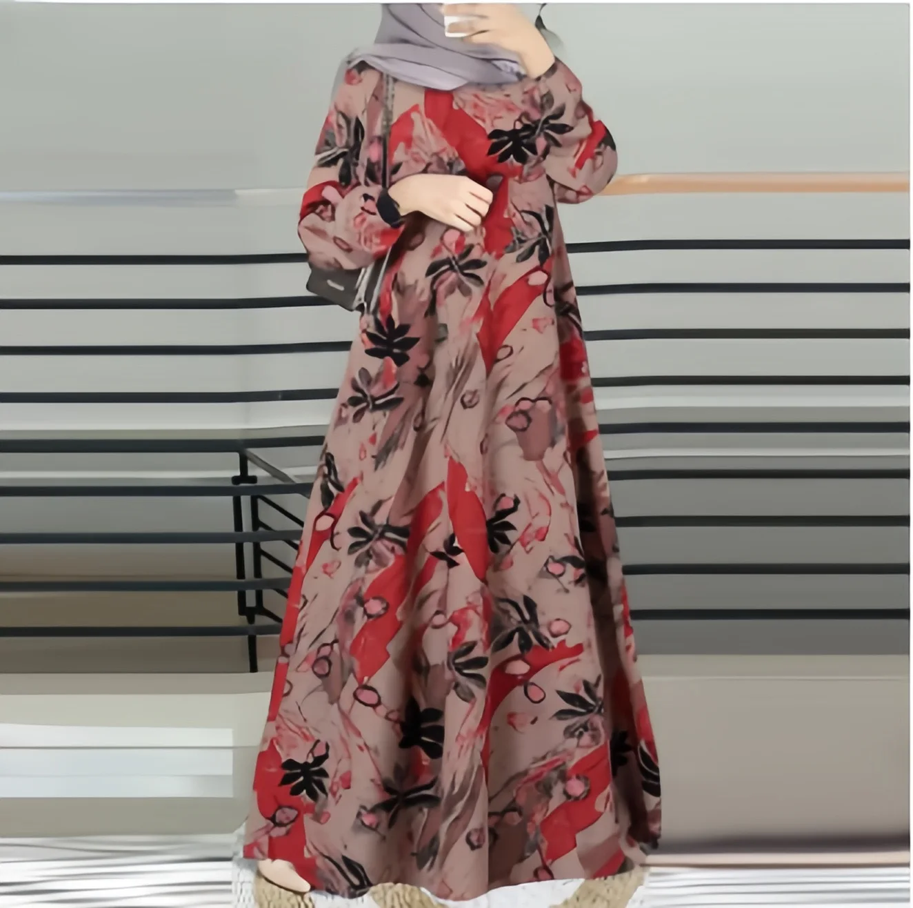 Neue Lange Robe Gedruckt Muslimischen Malaiischen Kleid Volle Hülse Rundhals Lange Robe Lange Kleid Fabrik Charge Dubai Luxus Islam Elegante