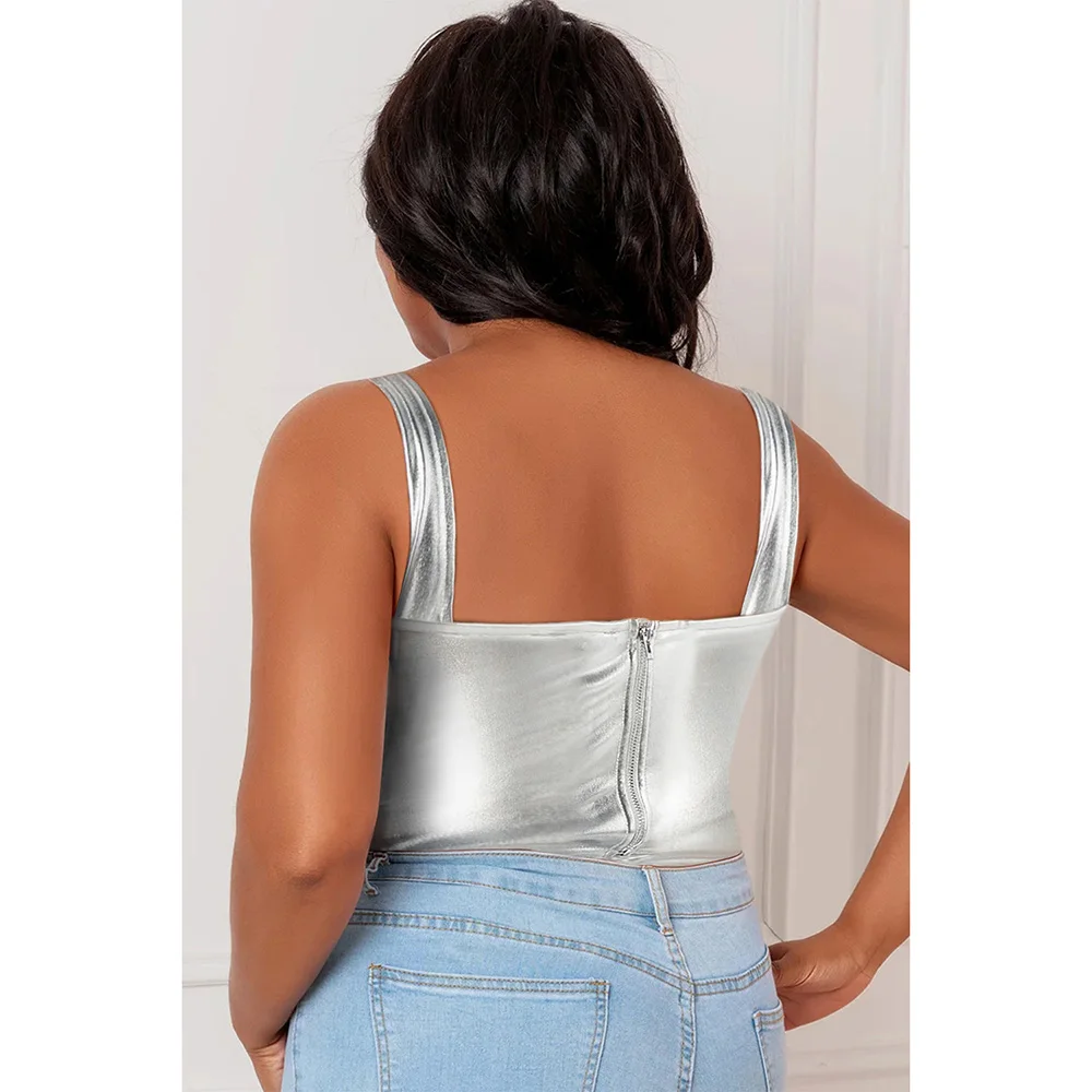 Plus Size Party Cami Silver Metallics orlo asimmetrico Cami Crop Top Solid senza maniche Slim Tank Top