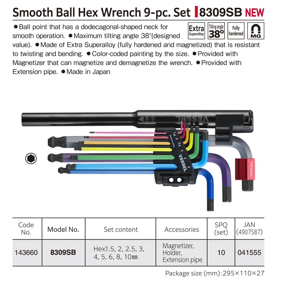 VESSEL Ball-Head Hex Key Set 9-piece Set 1.5-10mm L Shaped Hexagon Allen Key Set Bicycle L Handle Wrench 8309SB Series
