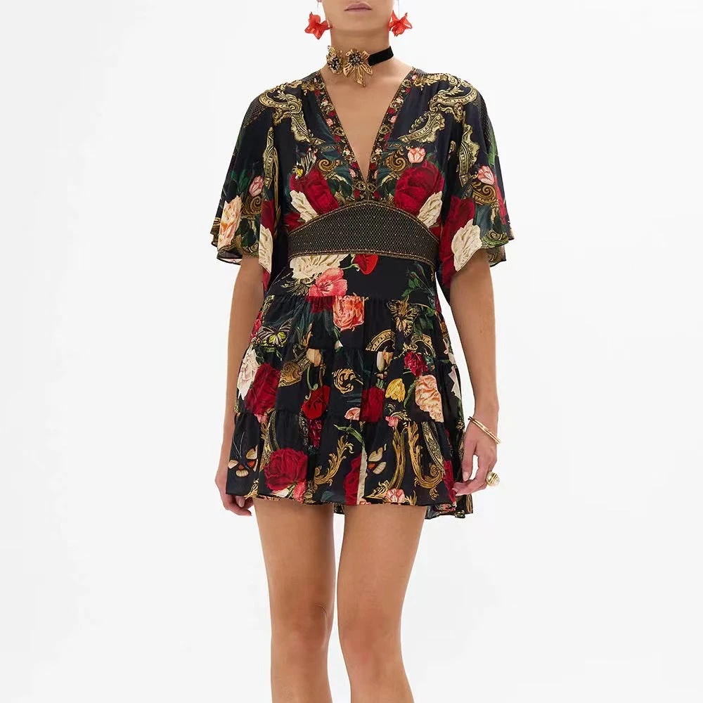 

Women Beaded Floral Printed Silk Mini Dress V-Neck Elastic Waist Short Sleeve dress