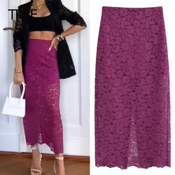 TRAF Women's Skirt Summer 2024 Midi Jacquard Skirts Purple Lace Wrap Mid Waist Back Slit Skirt New In Skirt Elegant Casual Skirt