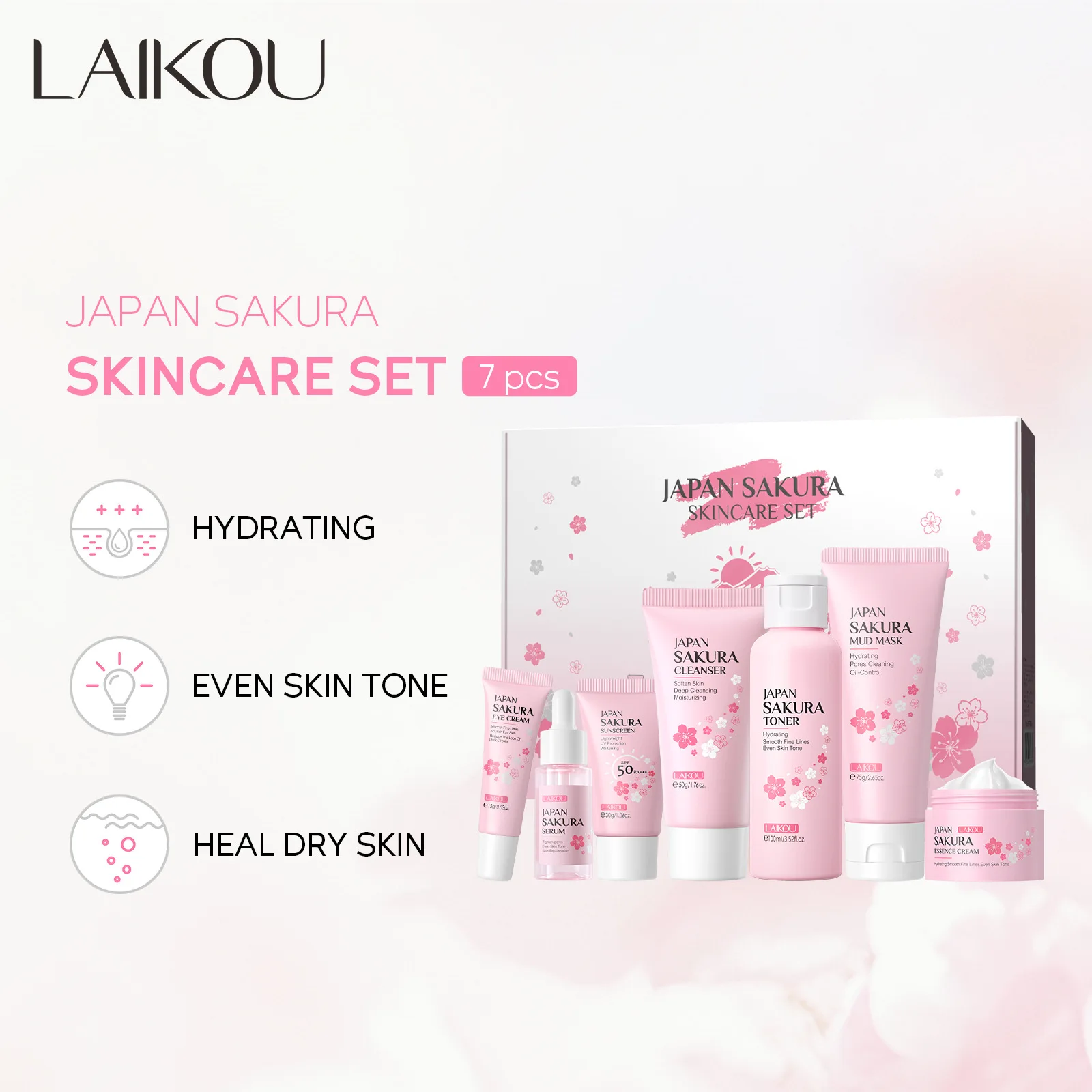 New 7pcs/Set LAIKOU Sakura Skin Care Sets Face Cream Serum Toner Facial Cleanser Mud Mask Sunscreen Eye Cream Skin Care Products