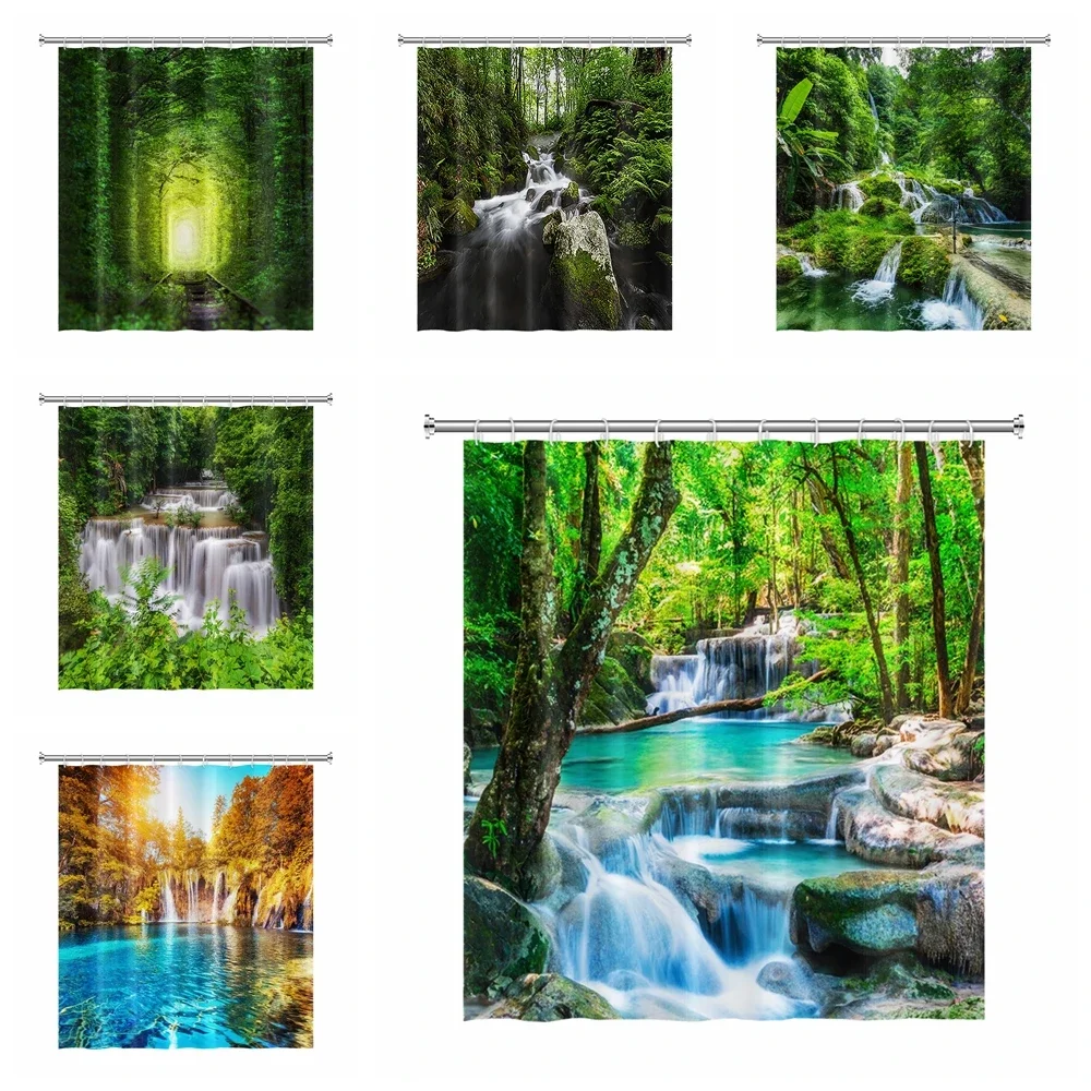 Natural Scenery Shower Curtain Set Forest Waterfall Spring Landscape Home Bathtub Decor Waterproof Polyester Bathroom Curtains