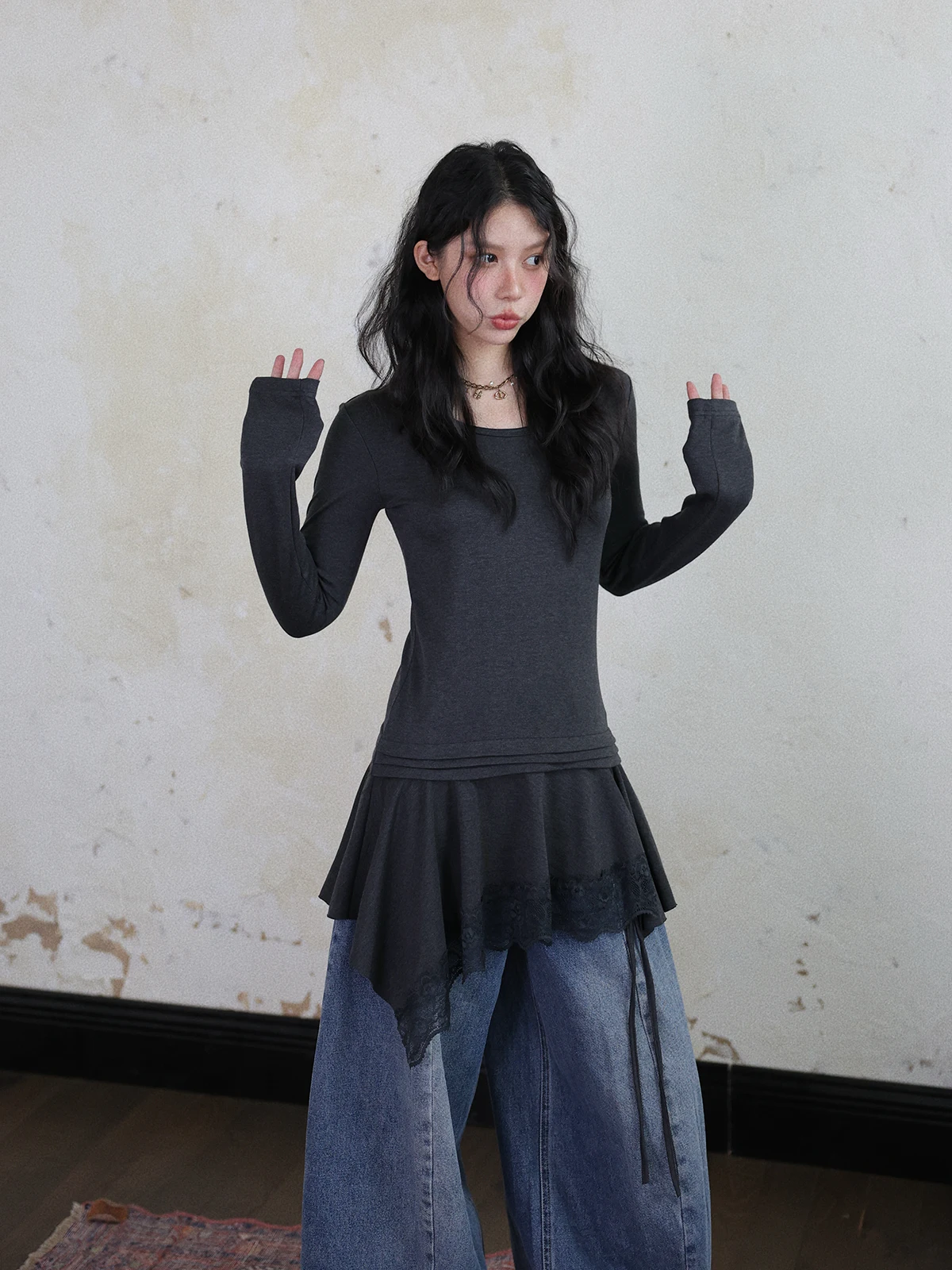 

DR Heavyweight Long Sve T-irt Dr with Lace Trim Bell Belted Slimming Fce round Ne Base Layer Women's Faion