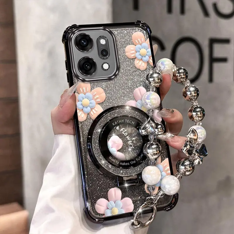 

Reno 14 Decorative Flower Plating Bracelet Holder Phone Case For OPPO Reno 11Pro 12 14Pro 14F 13 13Pro 12Pro 13F 10 11F Cover