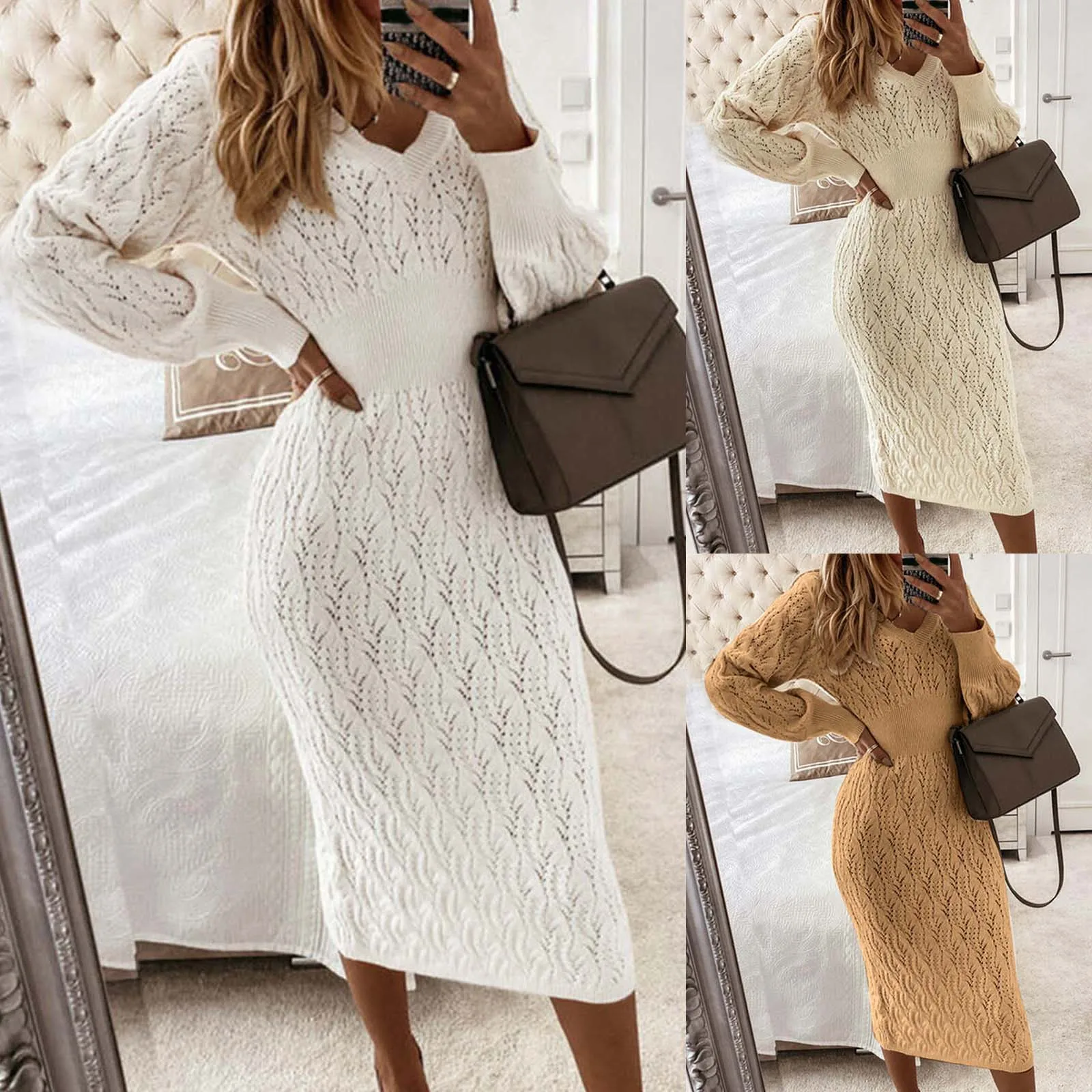 Knitted Hip Length Dress Elegant And Pretty Women Autumn Winter Warm Long Sleeved Weave Long Dresses Korean Fashion Slim Dress