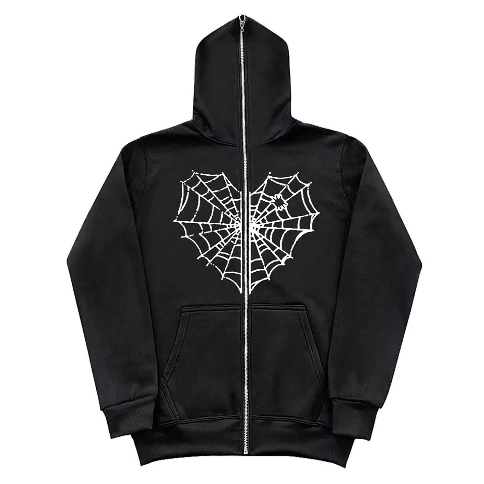 Male And Female Couple Dark Fashion Heart Shape Net Print Solid Color Long Sleeve Sport Hooded Full Zip Hoodie Loose Sweatshirt