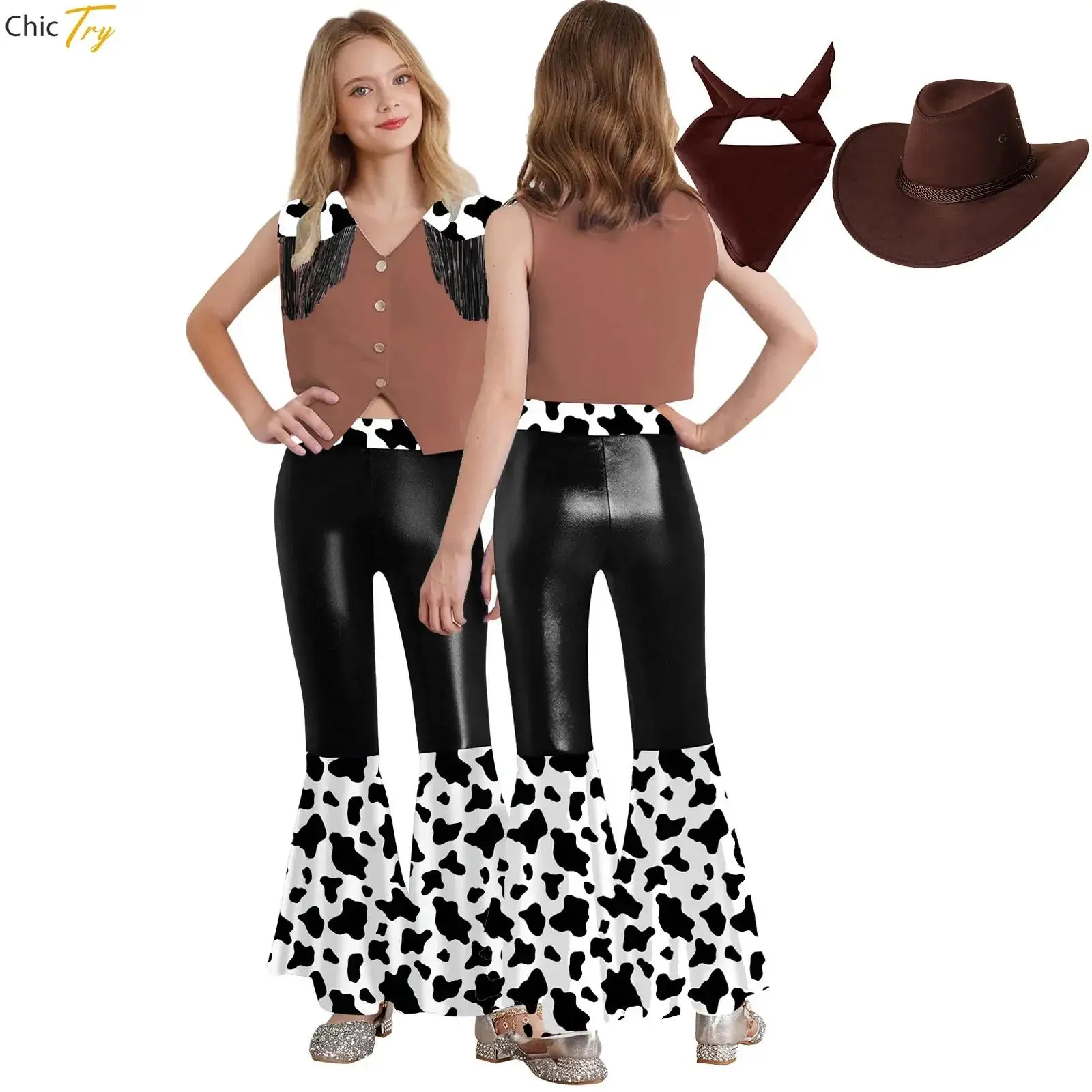 

Костюм для вечеринки в стиле вестерн, джаз, дискотека, жилет с бахромой и v-образным вырезом, топ, металлические брюки-клеш с подходящим шарфом, шляпа, наряд