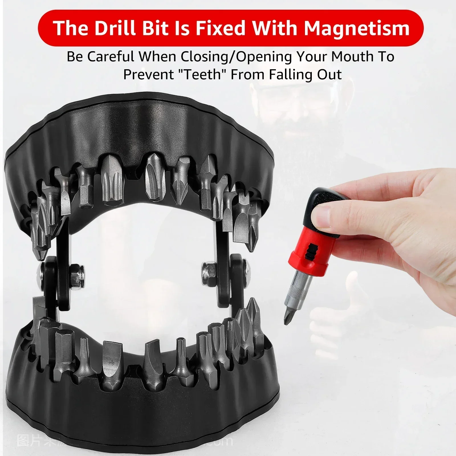 Drill Bit Holder Set 3D Teeth Model Shaped Sculpture Screwdriver Bit Organizing Holder with 28pcs 1/4inch Hex Bits Magnetic