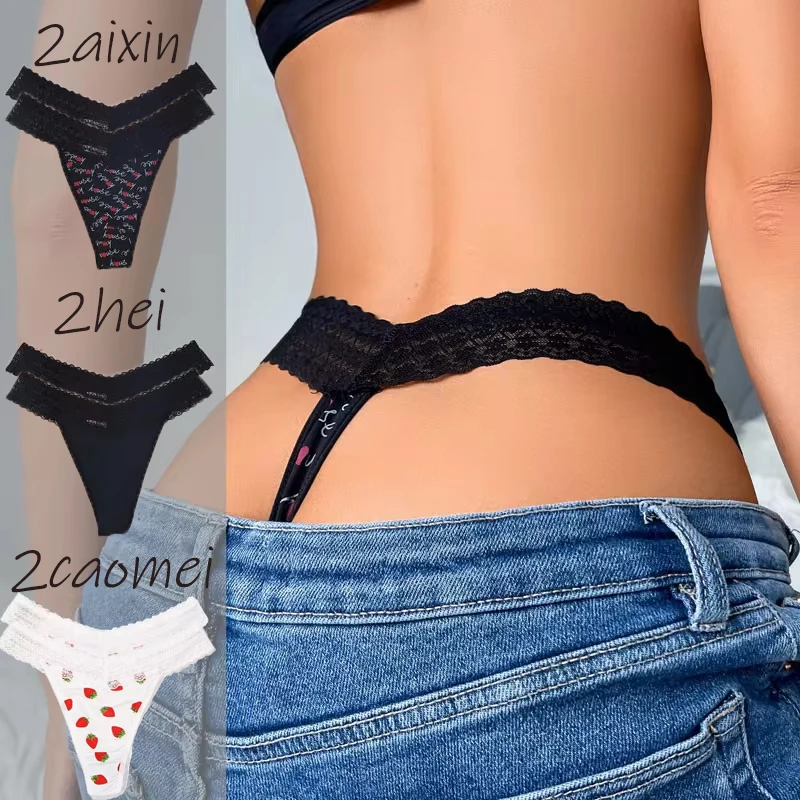 

6pc Fashion Breathable Briefs Ice Silk T-back Thong Seamless Women Printed Sexy Lace Lingerie Underwear Strawberry Heart Girl