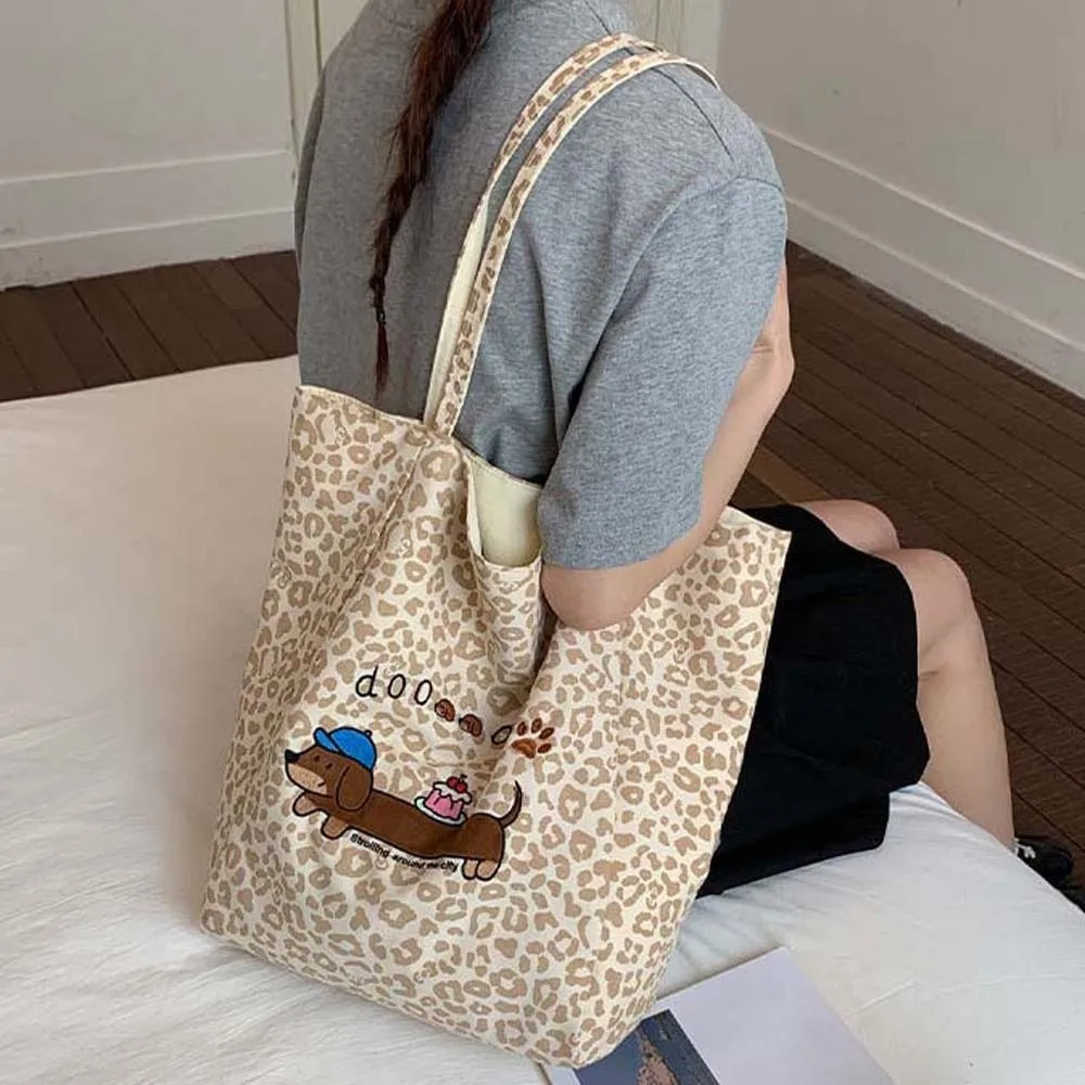 Double-Sided Dachshund Canvas Bag Foldable Large Capacity Leopard Bag Lightweight Washable Reversible Handbag Students