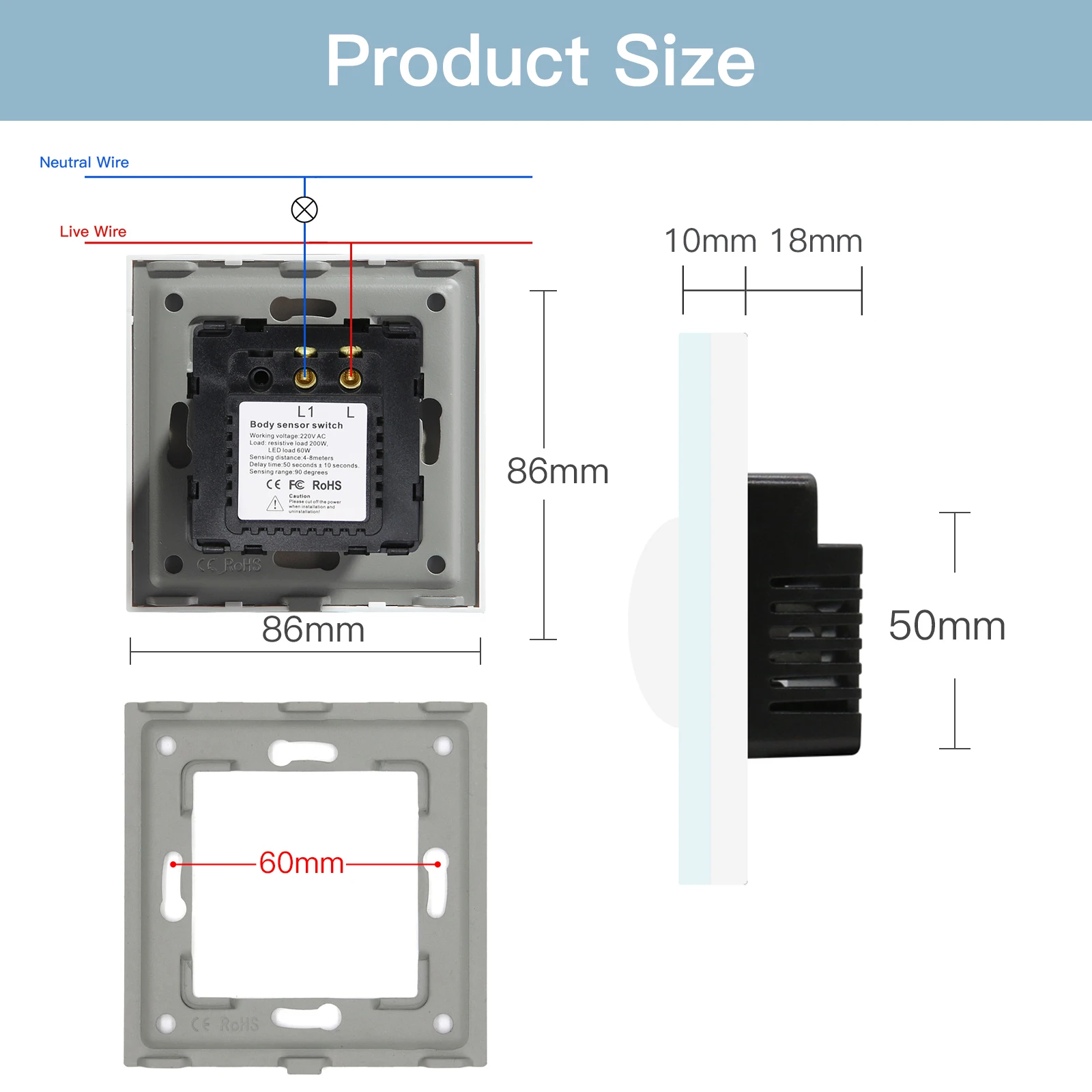 BSEED PIR Infrared Motion Body Sensor Switch Motion Sensor Glass Mechanical Wall Mounted Switches EU Standard LED Light Switches