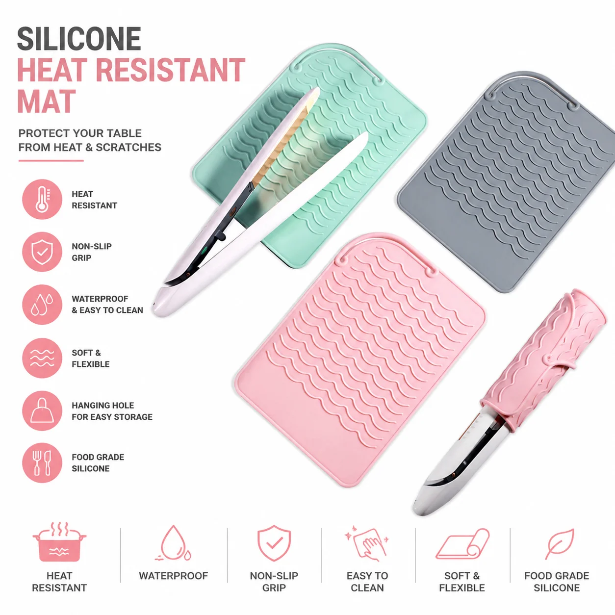 Silicone Heat Resistant Mat Non-Slip Protection Pad for Curling Iron Flat Iron Hair Tools Kitchen - Durable Heat Insulation