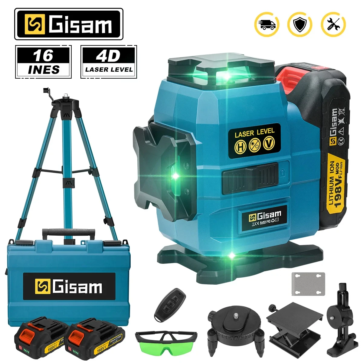 Gisam 16 Lines 4D Laser Laser Level Self-leveling Powerful Green Beam 360 Horizontal and Vertical For makita 18v battery pins