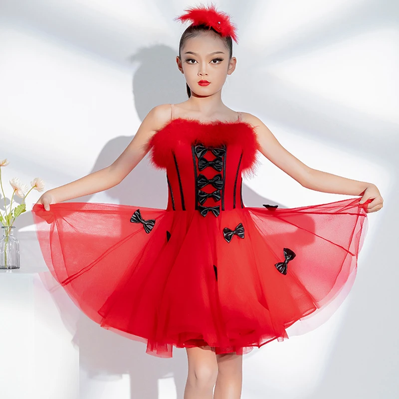 

Fahsion Red Latin Dance Dress For Girls Latin Dance Competition Dresses Kids Party Ballroom Dance Performance Costume SL9235