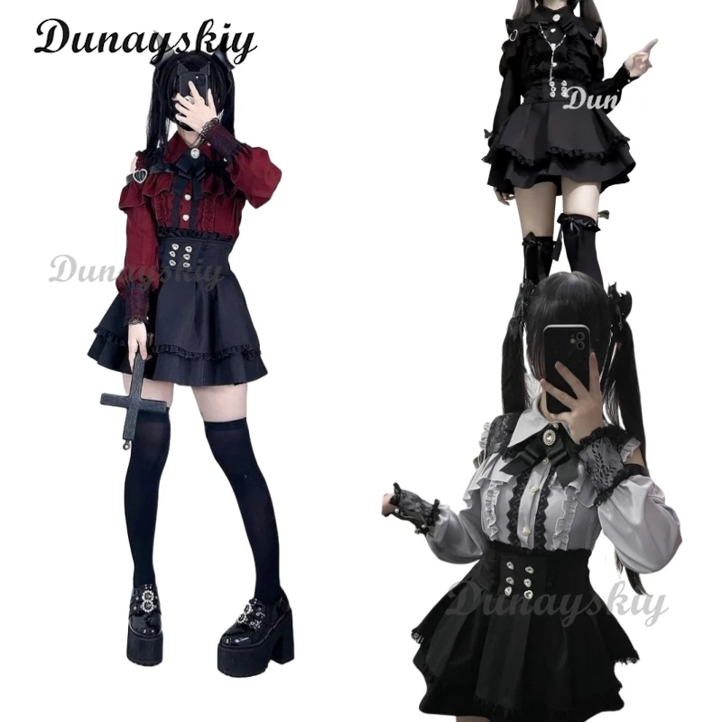 

Jirai kei Outfit Lolita Girls Blouse Top Women Long Sleeve Shirt Kawii Bow Black Skirts Shirts Y2K Sweet Japanese Lady Style Set