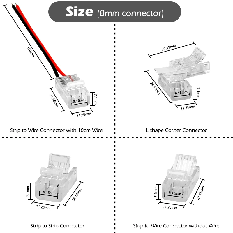 COB LED 스트립 커넥터 테이프 조명 L자형 코너 커넥터, SMD COB 5050 2835 스트립 조명 고정 클램프, 8mm 10mm 2 핀