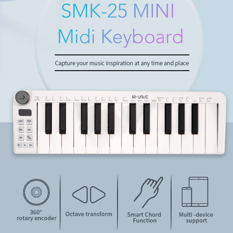 M-vave SMK-25 Rechargeable Mini Portable MIDI Keyboard 25 Velocity Sensitive Keys Support Wireless/USB Connection 8 RGB 8 Knobs