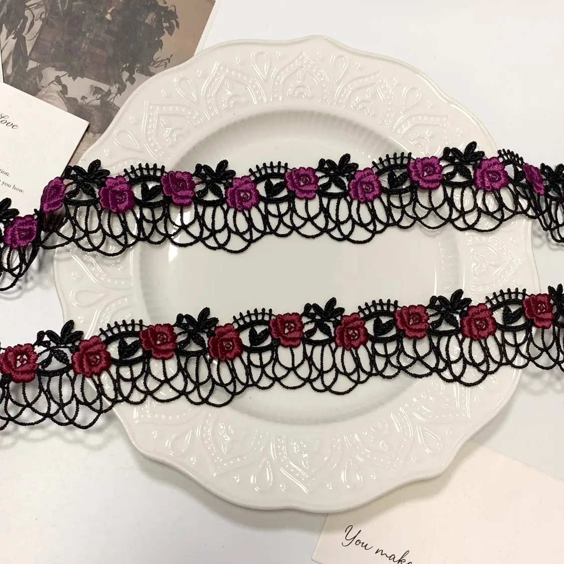 15Yards 4cm Width Shiny Black Purple Red Hollow Flower Venise Diy Venice Lace Clothing Accessories Of Various Garment,Bra.Skirt