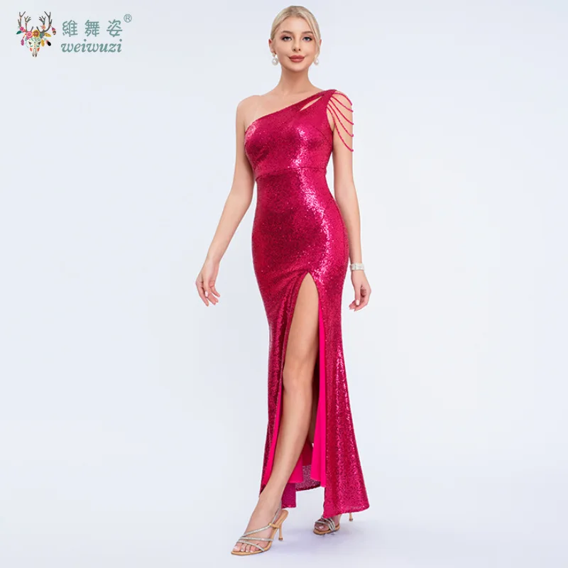 Sexy Slanted Collar Single Shoulder Sleeve Sequin Bead Fish High Slit Tail Evening Dress Elegant Bead Embroidered Evening Dress