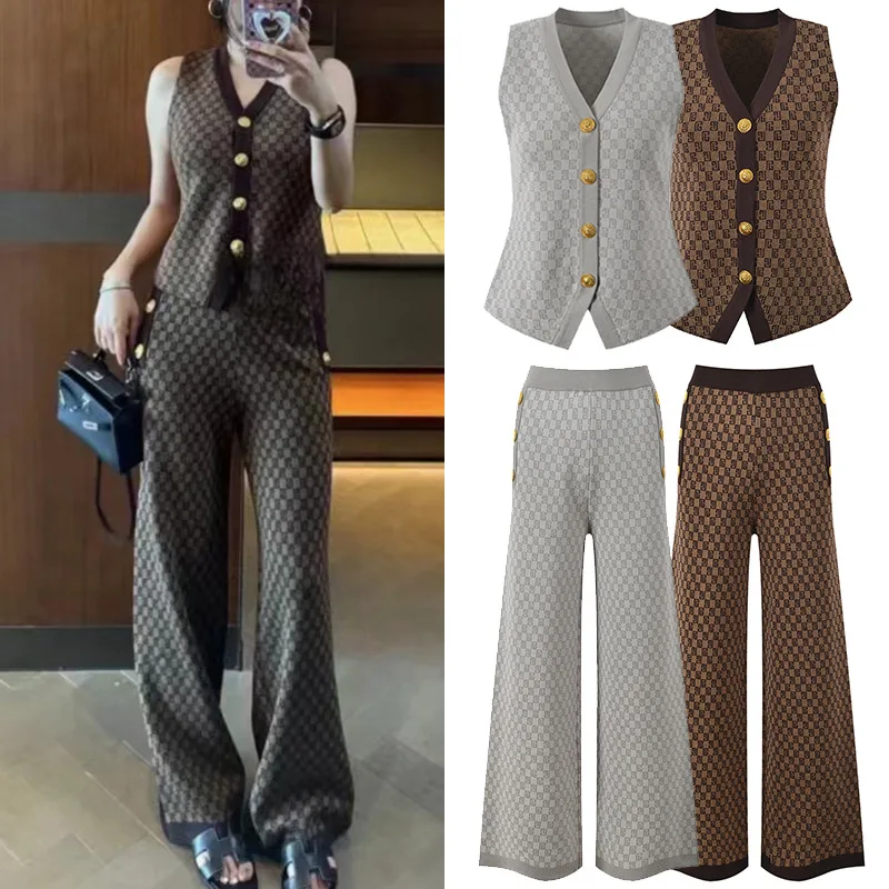 Fashion Vest And Pants Sets For Women print knitting Suit Sleeveless golden Button Top + Pants 2 Piece Set Office sweater