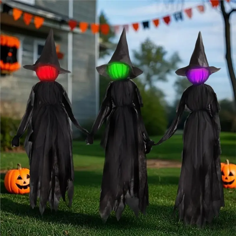 [NEWA08R】 Set Of 3 Color Changing LED Halloween Witch Decorations Outdoor Yard Stakes For Lawn Garden Haunted House