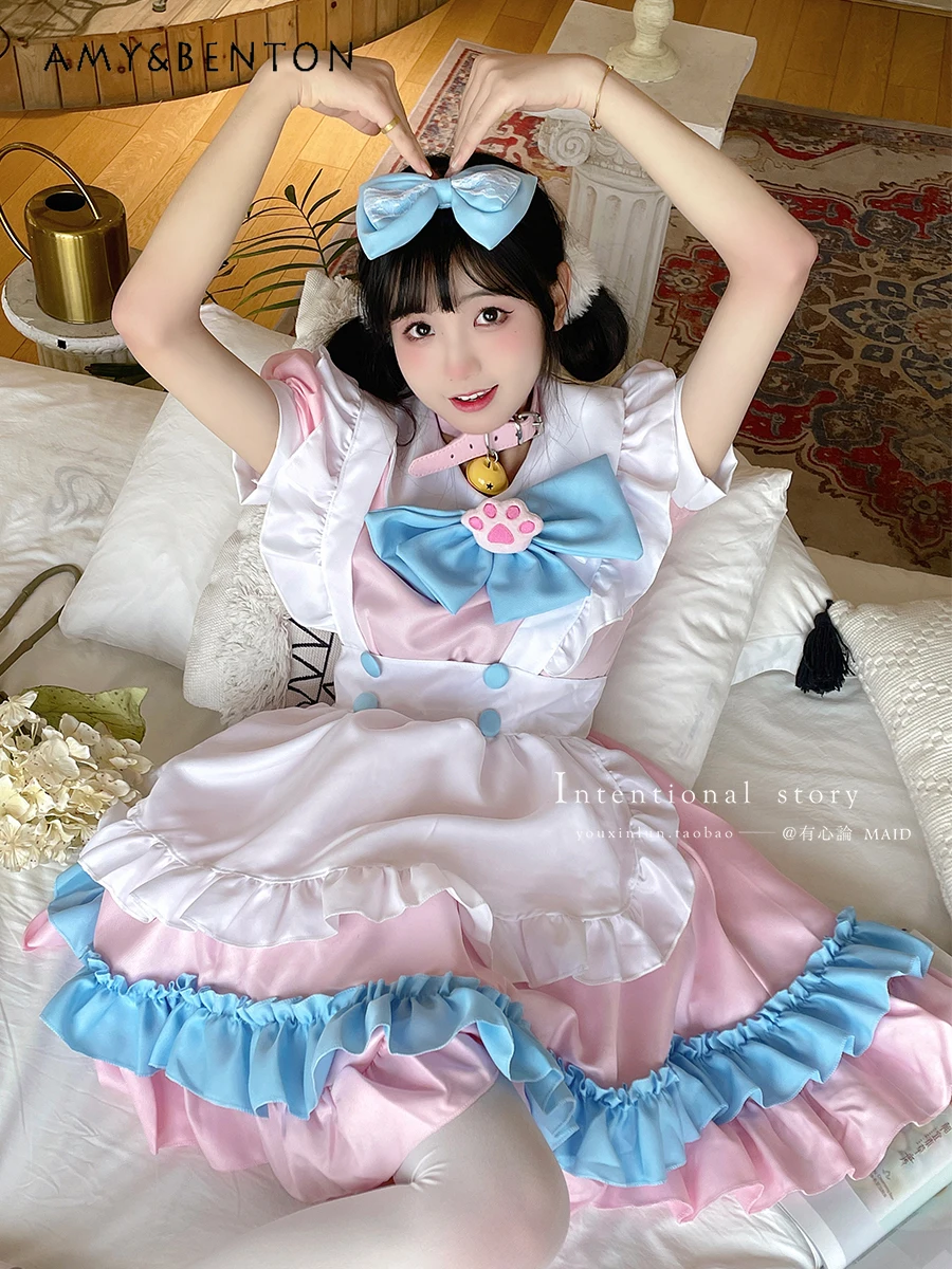 

2025 Summer New Cute Bowknot Maid Costume Lolita Cosplay Pink and Blue Color Block High Waist Slim Fit Short Dress