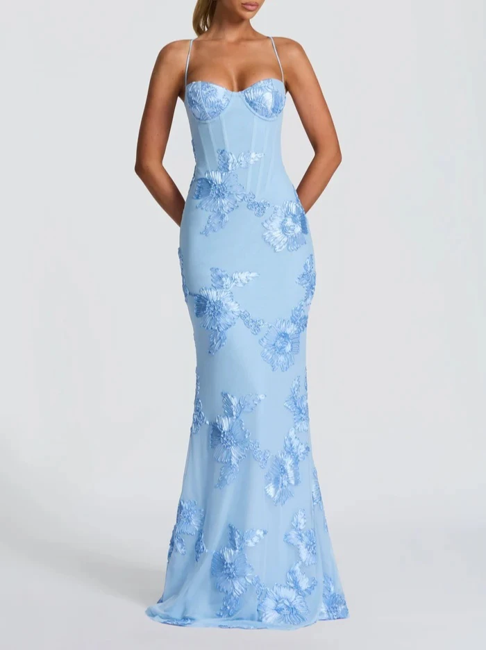 

Women Black Floral Applique Maxi Dress Corset Mesh Long Dress Backless Lace Up Evening Gown Wedding Guest Prom Party Dress