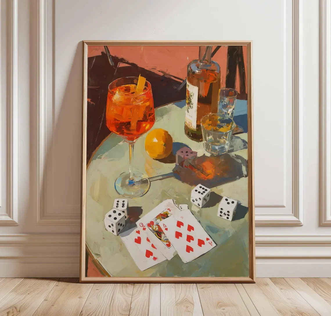 Cocktail-Würfel & Karten Wandkunst, Retro Bar-Poster mit Aperol-Getränk, Glücksspieltisch-Stilleben-Druck, Vintage Pub-Dekor