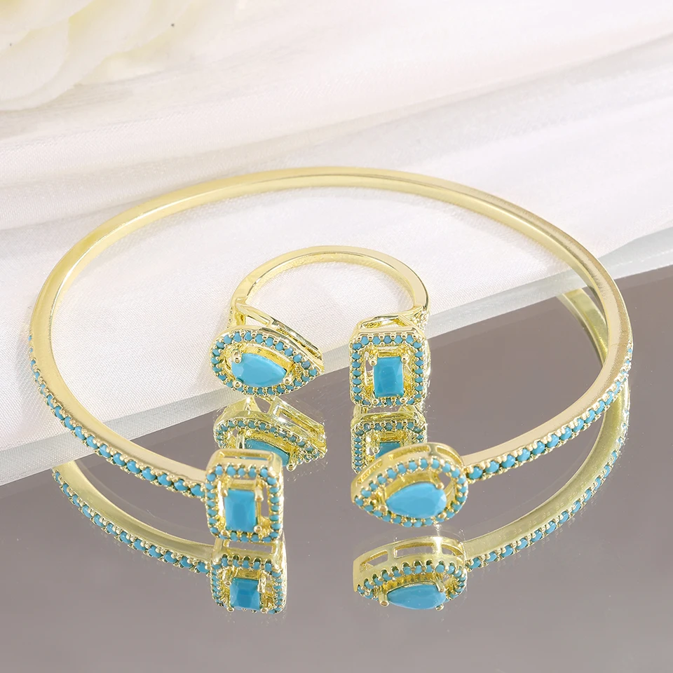 ZAKOL 2-teiliges Set Luxuriöses Geometrisches Quadratisches Wassertropfen-Armreif- und Ring-Set für Damen mit AAA-Zirkonia Hochzeitsschmuck – Detail 5