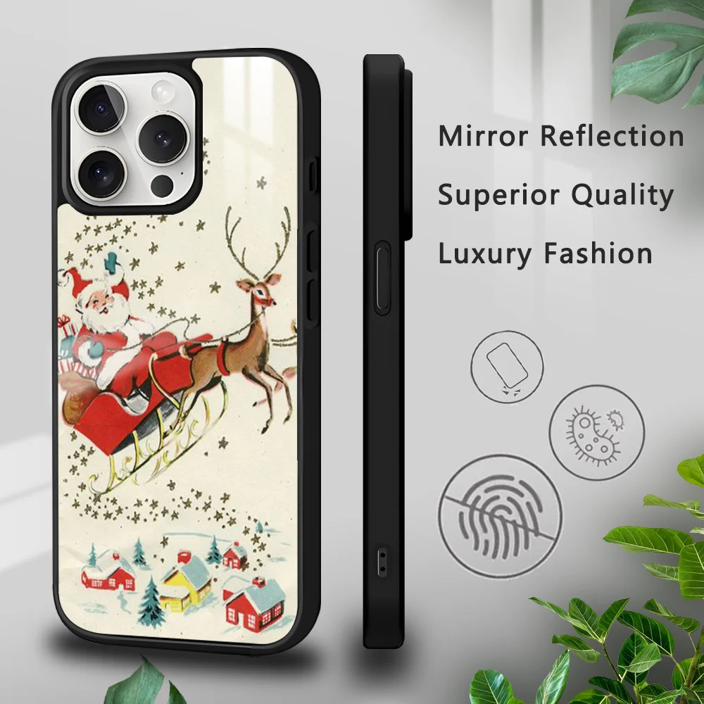 

Santa Claus Retro Phone Case For iPhone 15 14 13 12 11 Pro Xs Max Mini XR X 7 8 Plus luxury Mirror Hard Funda