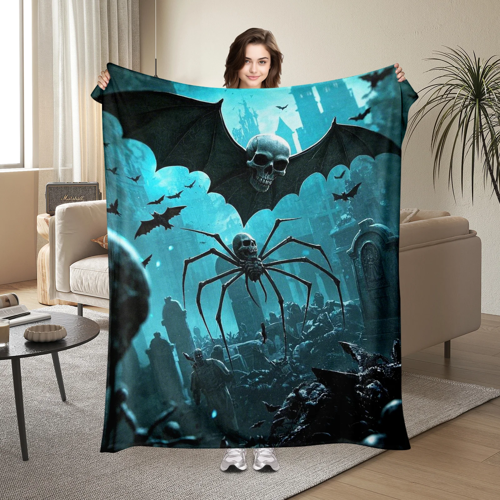 Skulls Bats Spiders Dark Theme Blanket, A Thoughtful Gift For Relatives  Cozy And StoryFilled Ambience.