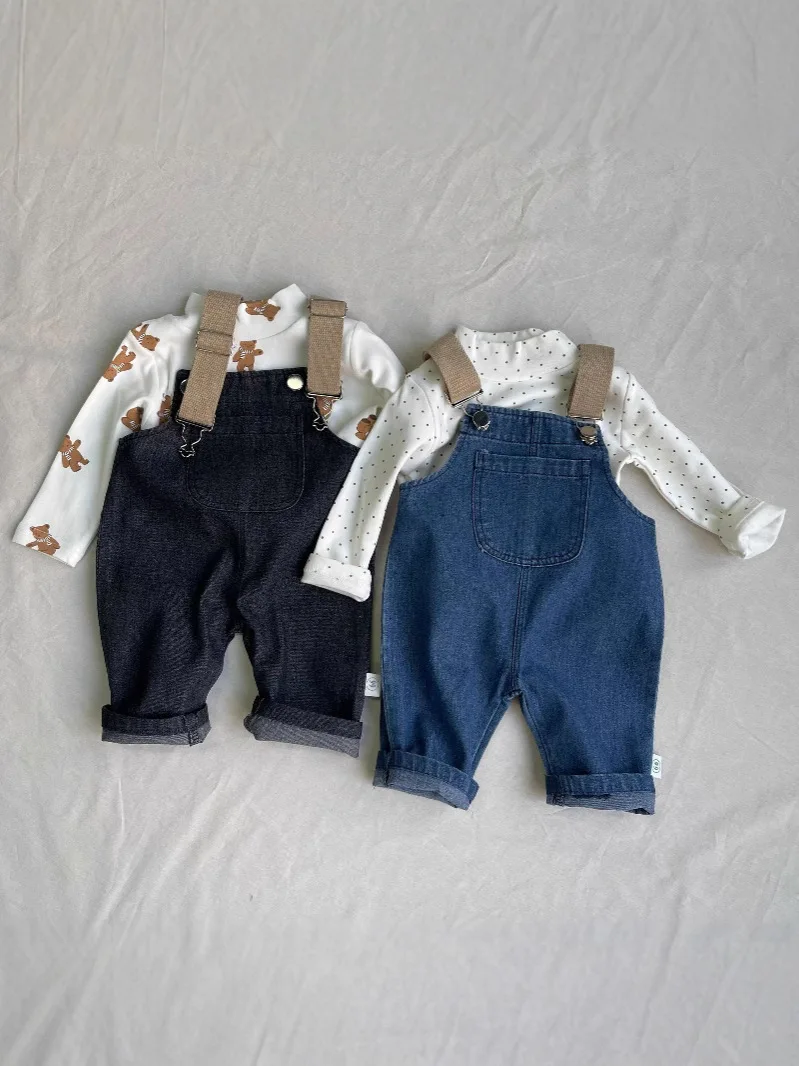 2025 Spring New Baby Fashion Denim Overalls Infant Boy Loose Strap Trousers Girls Solid Versatile Casual Pants Toddler Jeans