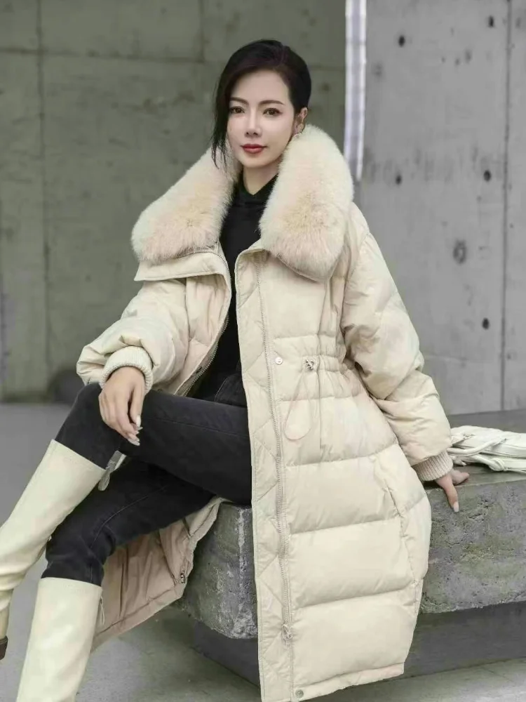 Puffer Coats for Women, Thick Windproof, Warm Parker, Large Fur Collar, Drawstring, Luxury Female Outerwears, Winter, New