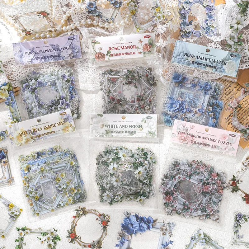 20 Stück/Packung Blumenrahmen-Serie PET-Aufkleber-Set, INS-Style Blumenrahmen-Sticker für Journal Scrapbook Collage Dekoration