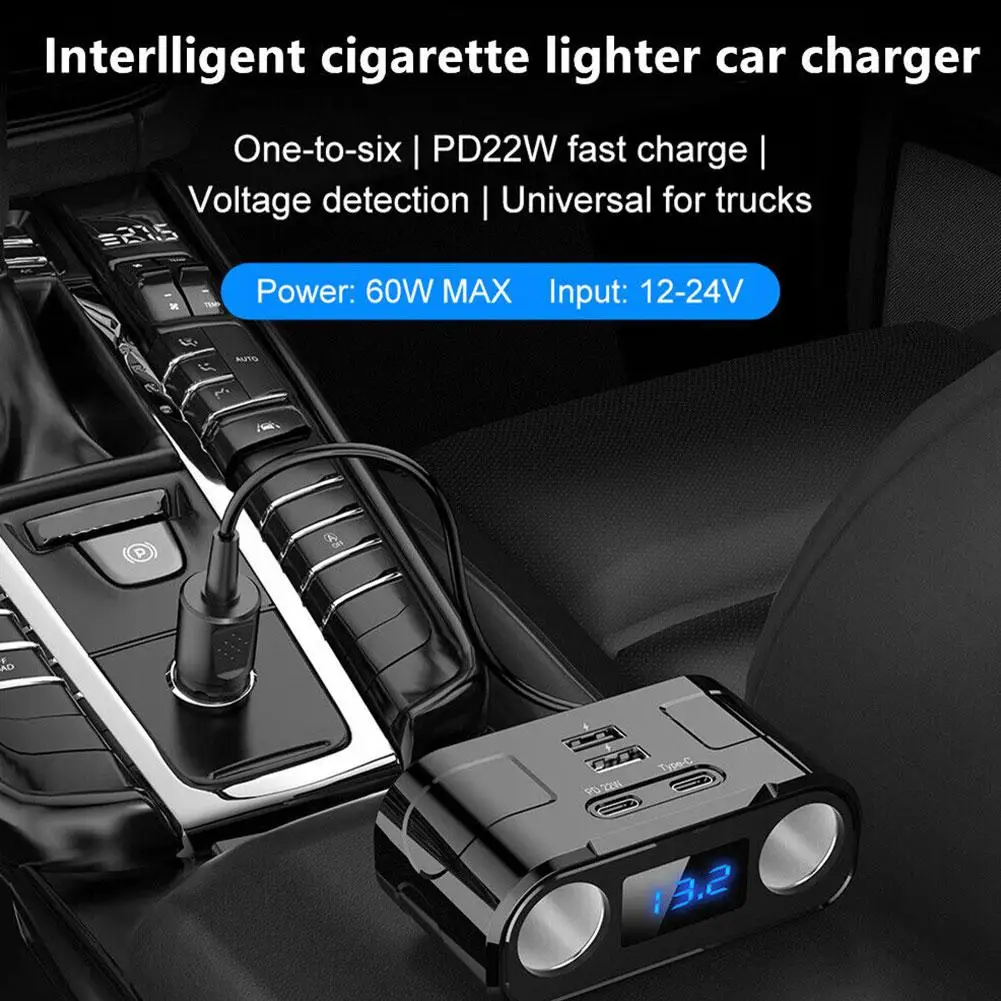 

12V/24V 60W Car Cigarette Lighter Socket Splitter Plug LED Charger QC3.0 4Port Extension Socket Cable PD Voltmeter USB Fast T8T2