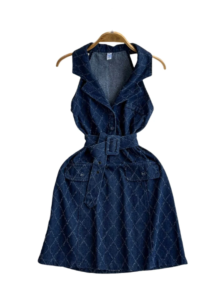 EWQ Streetwear Denim Summer Dress For Women Notched Sleeveless Belt Gathered Waist A-line Dresses 2024 New Clothing 27C276